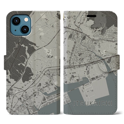 【五日市（広島県）】地図柄iPhoneケース（手帳タイプ）モノトーン・iPhone 13 用