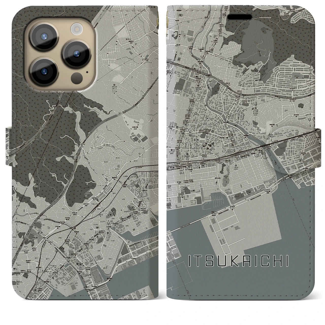 【五日市（広島県）】地図柄iPhoneケース（手帳両面タイプ・モノトーン）iPhone 14 Pro Max 用