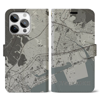 【五日市（広島県）】地図柄iPhoneケース（手帳タイプ）モノトーン・iPhone 14 Pro 用