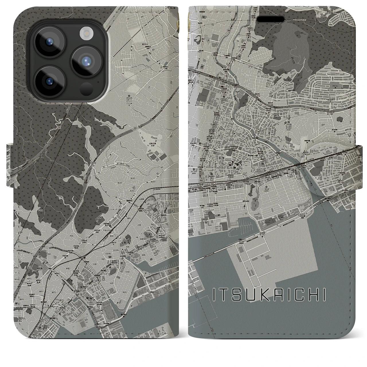 【五日市（広島県）】地図柄iPhoneケース（手帳両面タイプ・モノトーン）iPhone 15 Pro Max 用