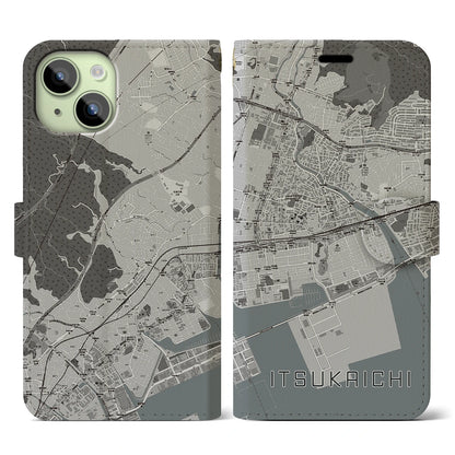 【五日市（広島県）】地図柄iPhoneケース（手帳タイプ）モノトーン・iPhone 15 用