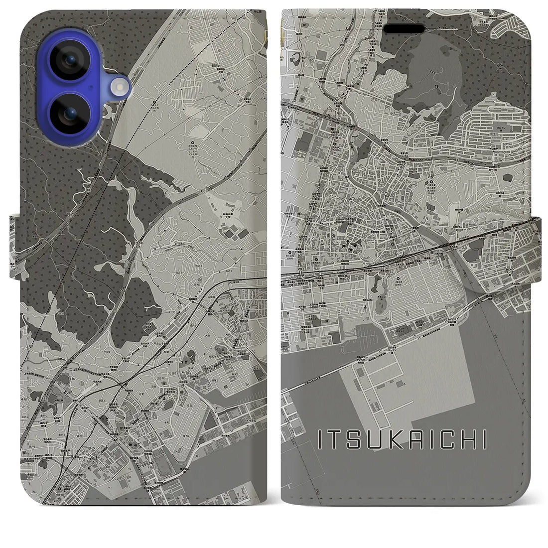 【五日市(広島県)】地図柄iPhoneケース(手帳タイプ)モノトーン・iPhone 16 Pro Max 用