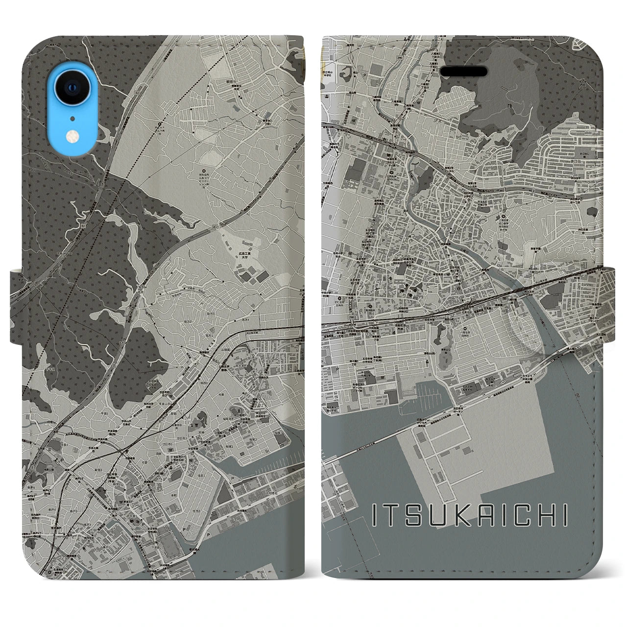 【五日市（広島県）】地図柄iPhoneケース（手帳両面タイプ・モノトーン）iPhone XR 用