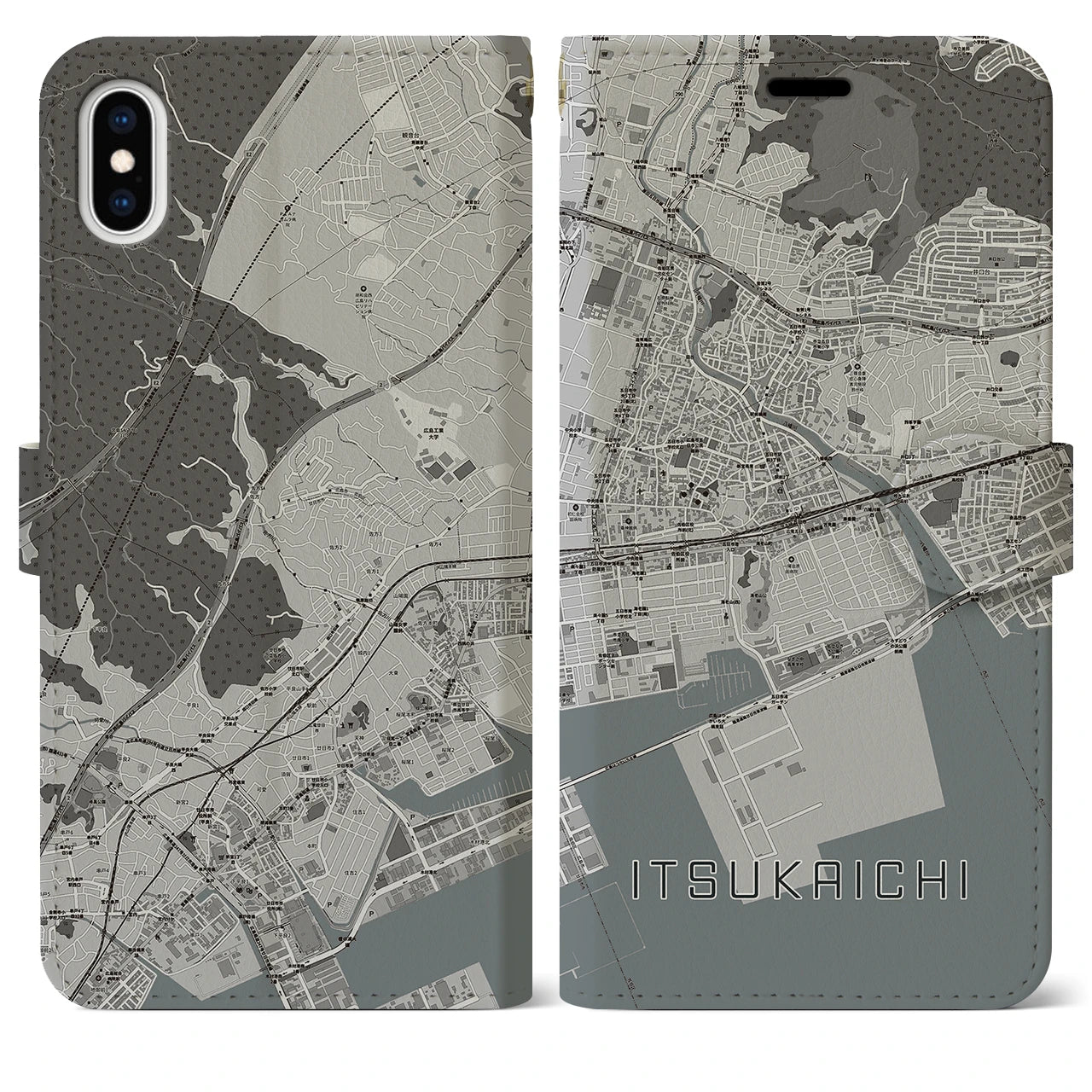 【五日市（広島県）】地図柄iPhoneケース（手帳両面タイプ・モノトーン）iPhone XS Max 用