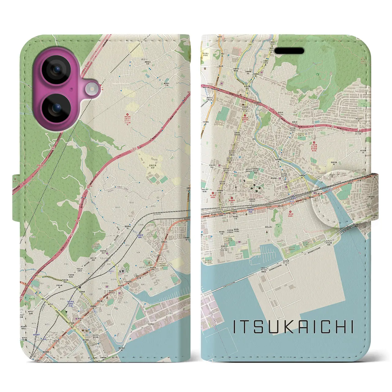 【五日市（広島県）】地図柄iPhoneケース（手帳タイプ）ナチュラル・iPhone 16 Pro 用