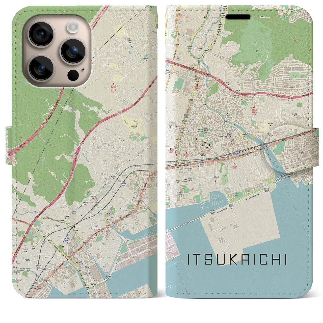 【五日市（広島県）】地図柄iPhoneケース（手帳タイプ）ナチュラル・iPhone 16 Plus 用