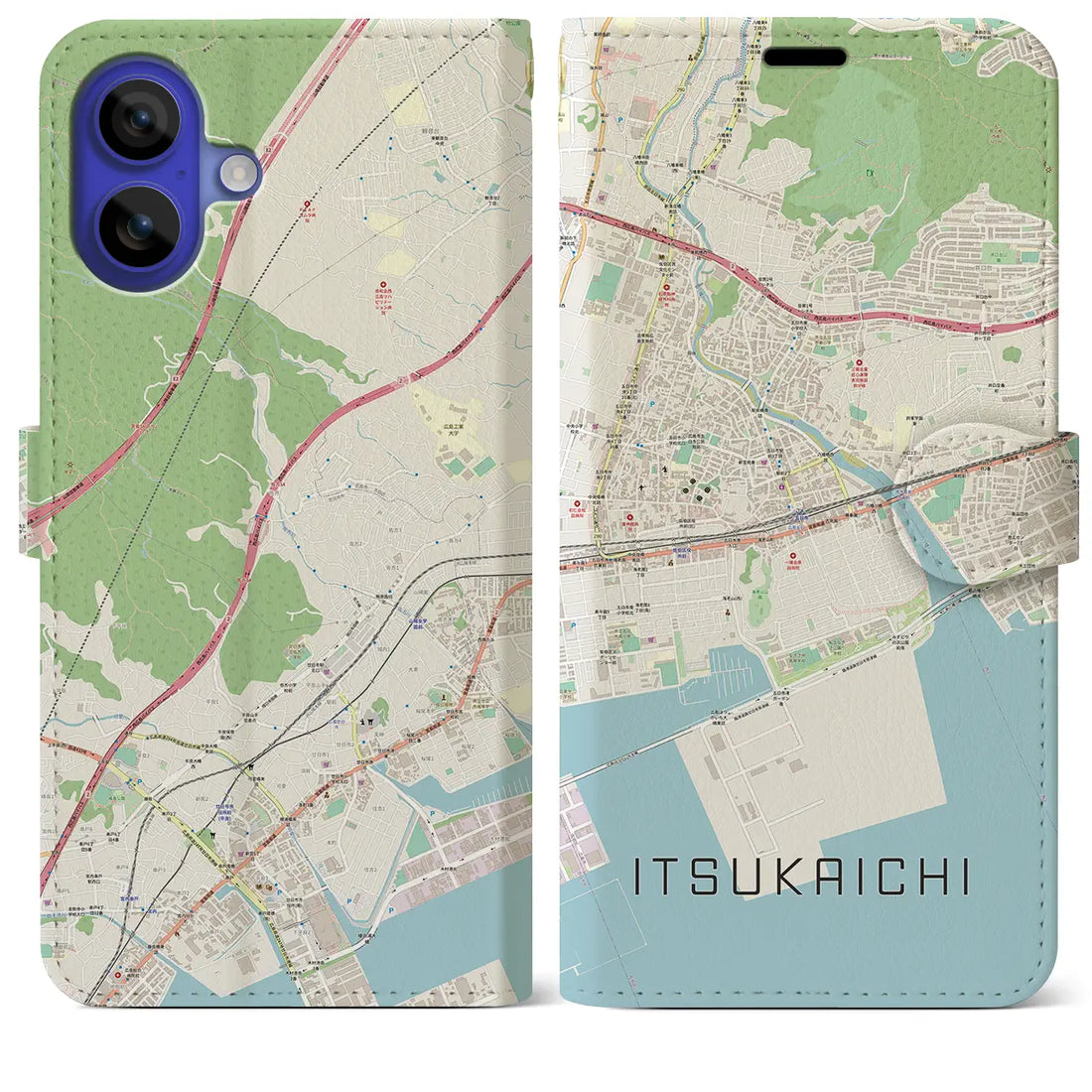 【五日市（広島県）】地図柄iPhoneケース（手帳タイプ）ナチュラル・iPhone 16 Pro Max 用