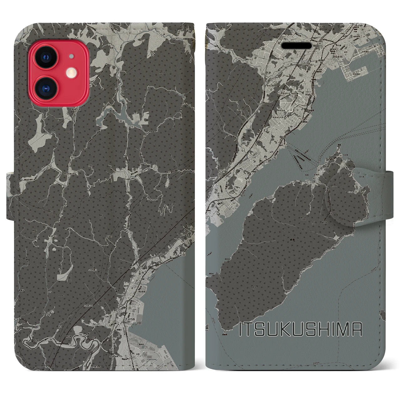 【厳島（広島県）】地図柄iPhoneケース（手帳タイプ）モノトーン・iPhone 11 用