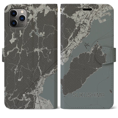 【厳島（広島県）】地図柄iPhoneケース（手帳タイプ）モノトーン・iPhone 11 Pro Max 用