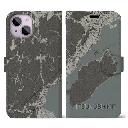 【厳島（広島県）】地図柄iPhoneケース（手帳タイプ）モノトーン・iPhone 14 用