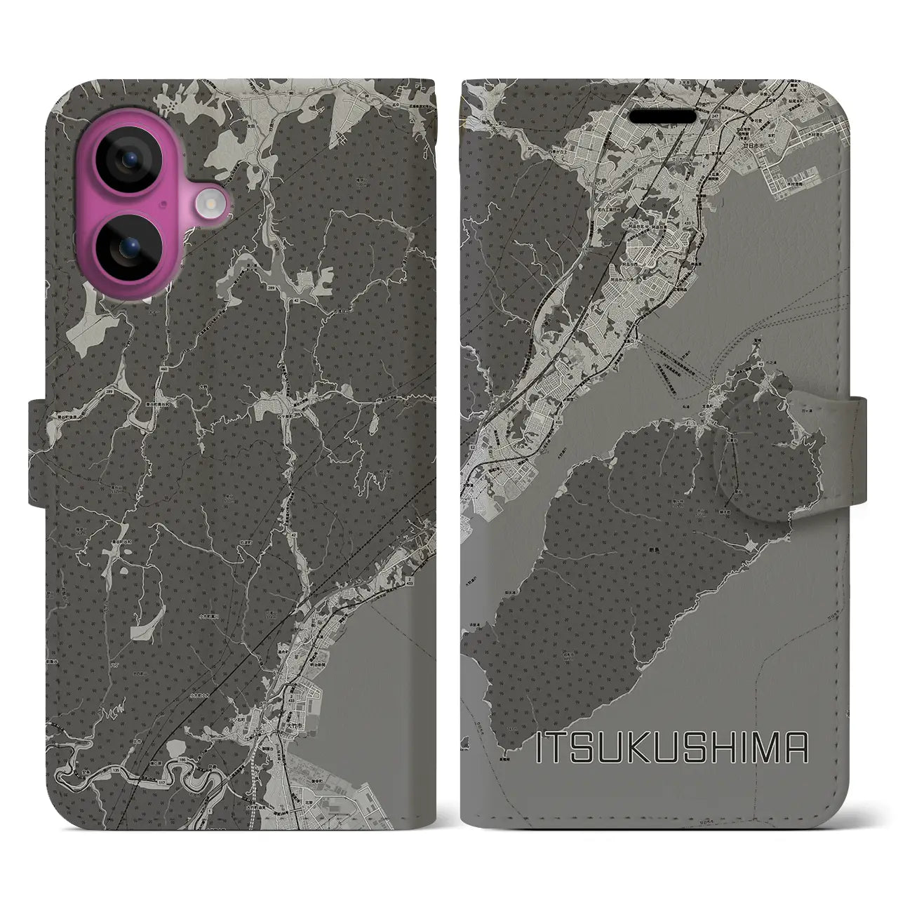 【厳島（広島県）】地図柄iPhoneケース（手帳タイプ）モノトーン・iPhone 16 Pro 用