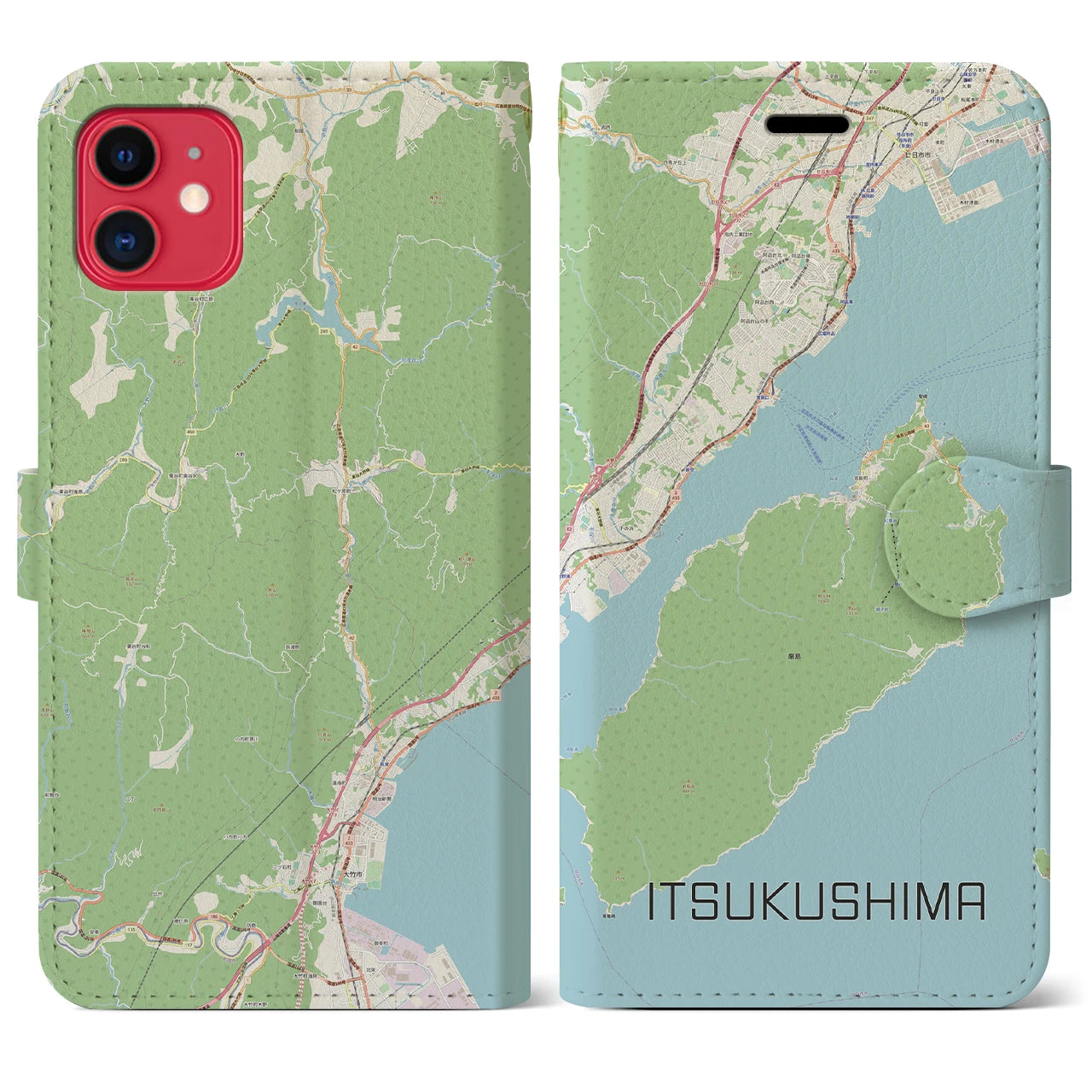 【厳島（広島県）】地図柄iPhoneケース（手帳タイプ）ナチュラル・iPhone 11 用