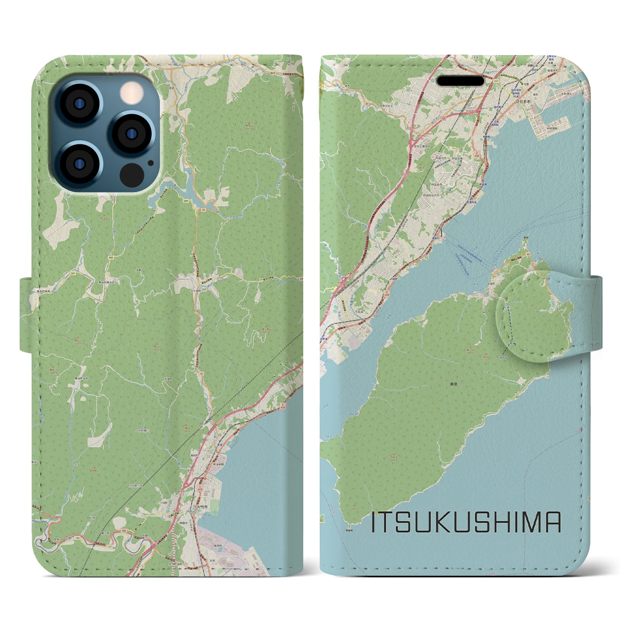 【厳島（広島県）】地図柄iPhoneケース（手帳タイプ）ナチュラル・iPhone 12 / 12 Pro 用