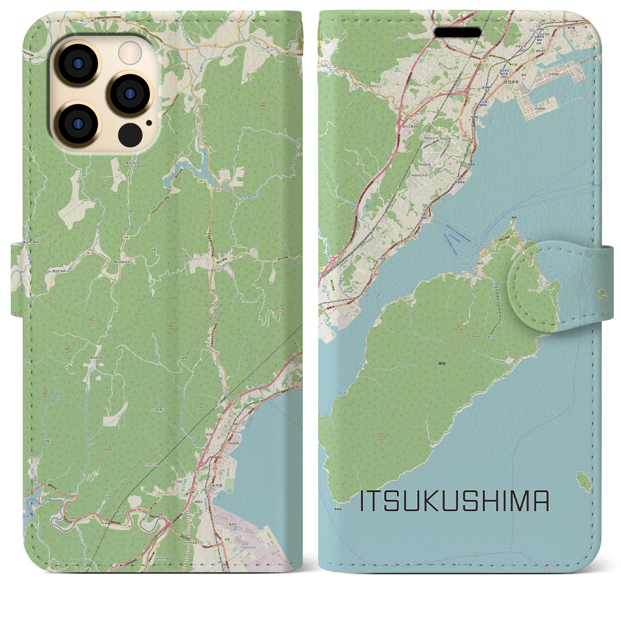 【厳島（広島県）】地図柄iPhoneケース（手帳タイプ）ナチュラル・iPhone 12 Pro Max 用