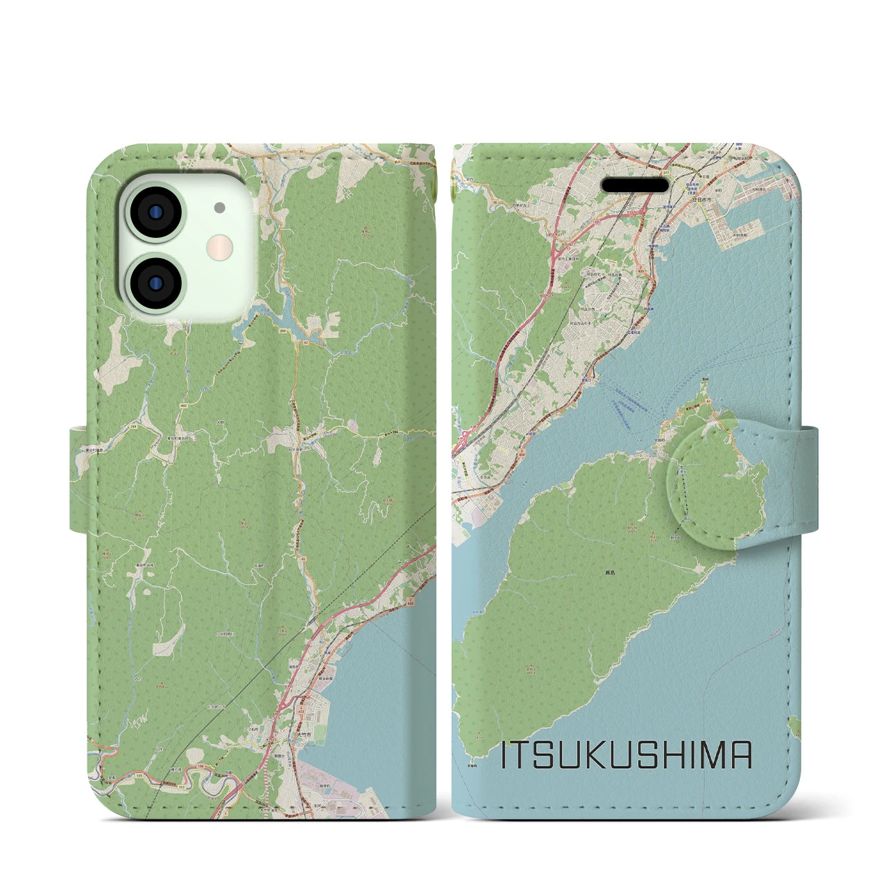 【厳島（広島県）】地図柄iPhoneケース（手帳タイプ）ナチュラル・iPhone 12 mini 用