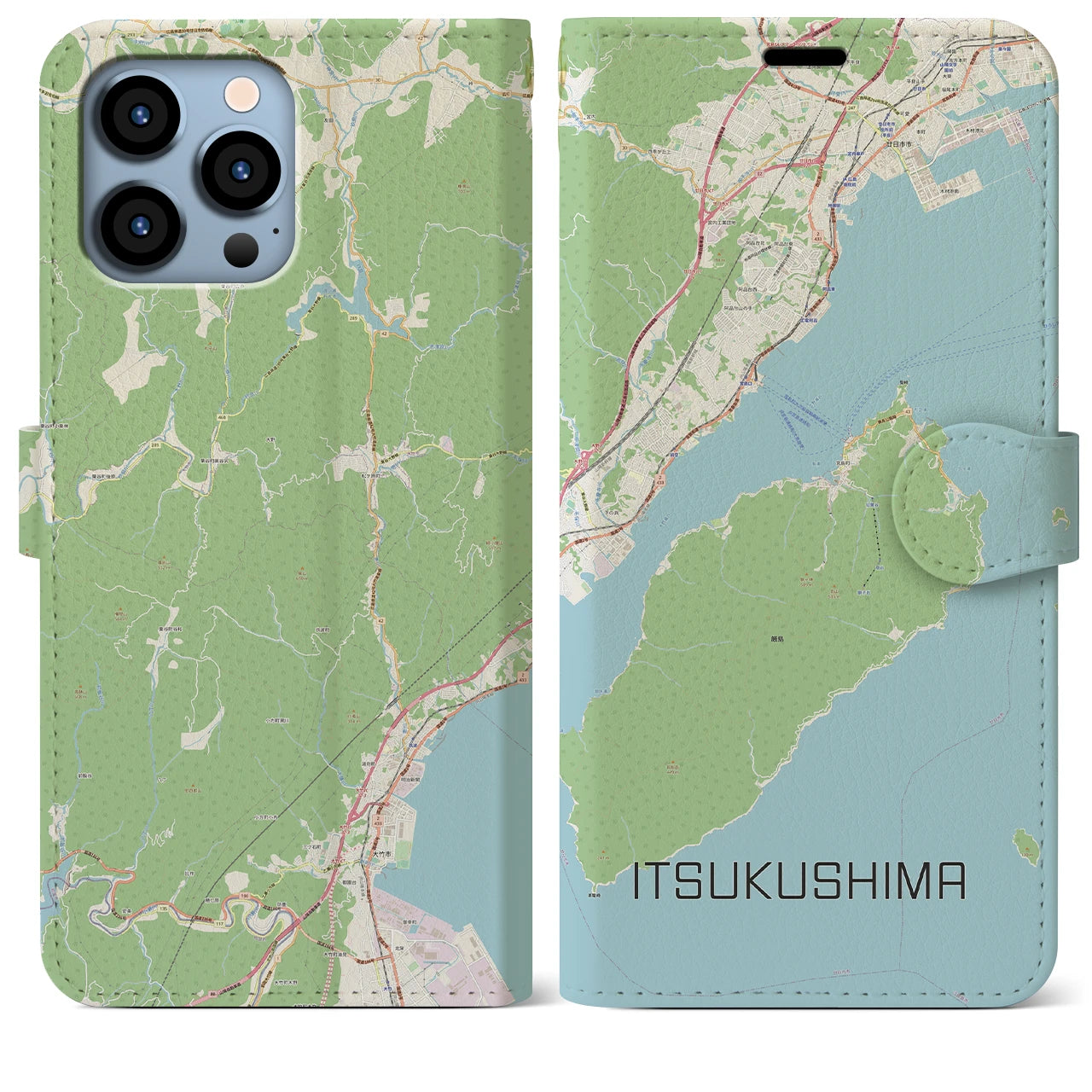 【厳島（広島県）】地図柄iPhoneケース（手帳タイプ）ナチュラル・iPhone 13 Pro Max 用