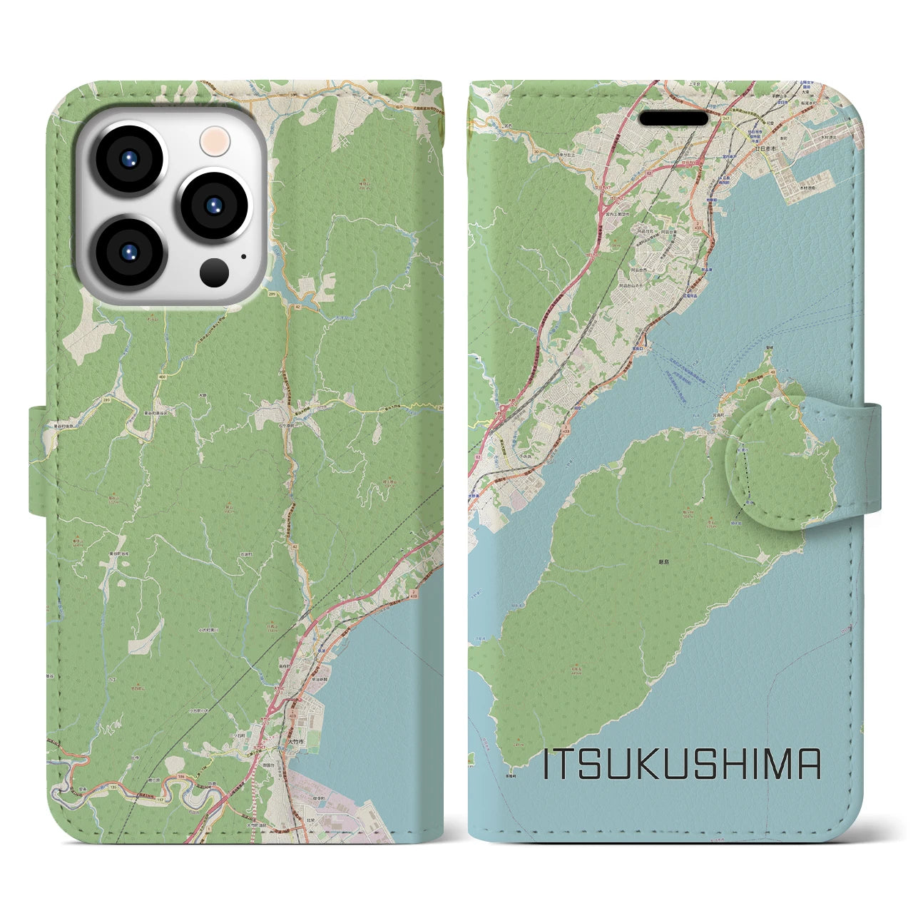 【厳島（広島県）】地図柄iPhoneケース（手帳タイプ）ナチュラル・iPhone 13 Pro 用