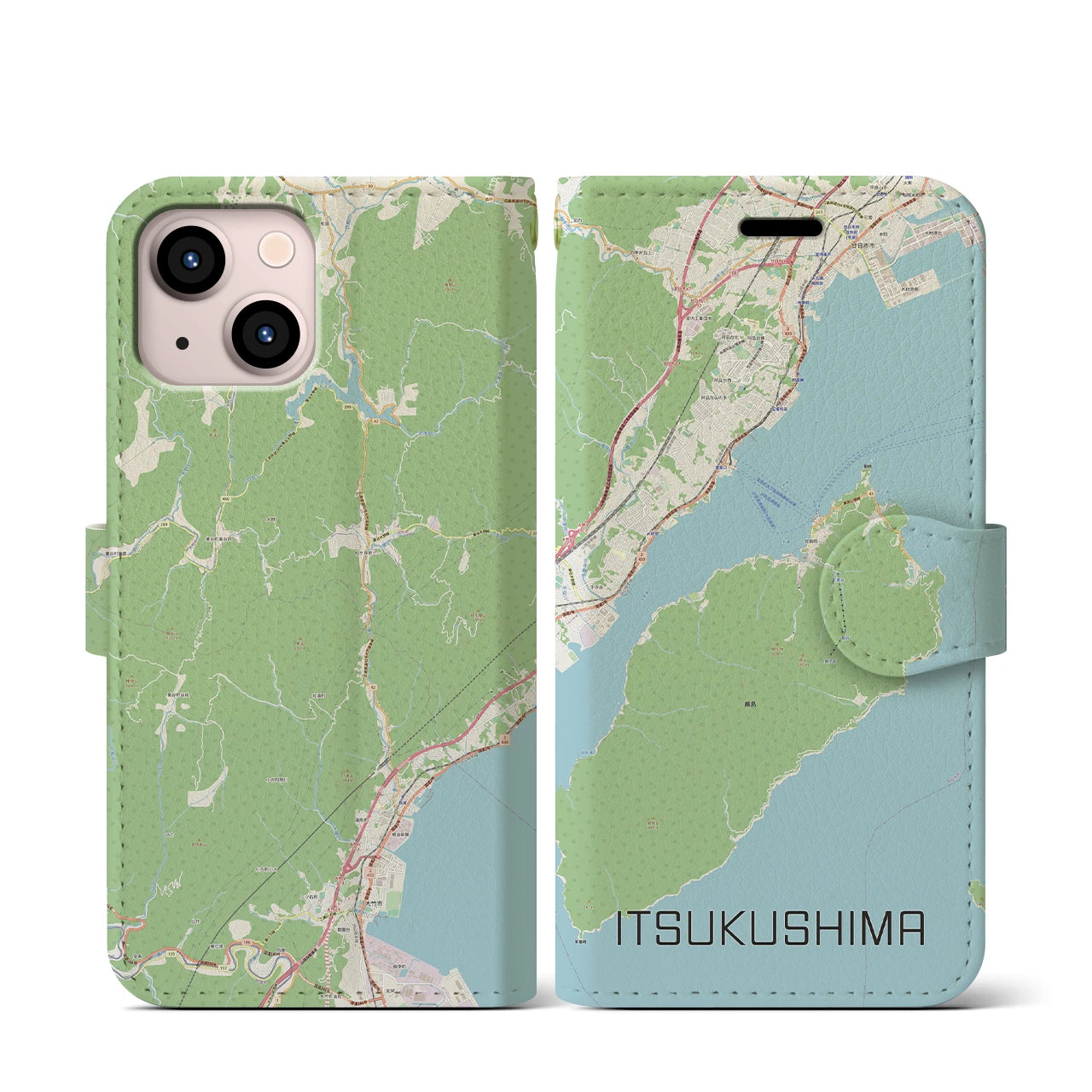 【厳島（広島県）】地図柄iPhoneケース（手帳タイプ）ナチュラル・iPhone 13 mini 用