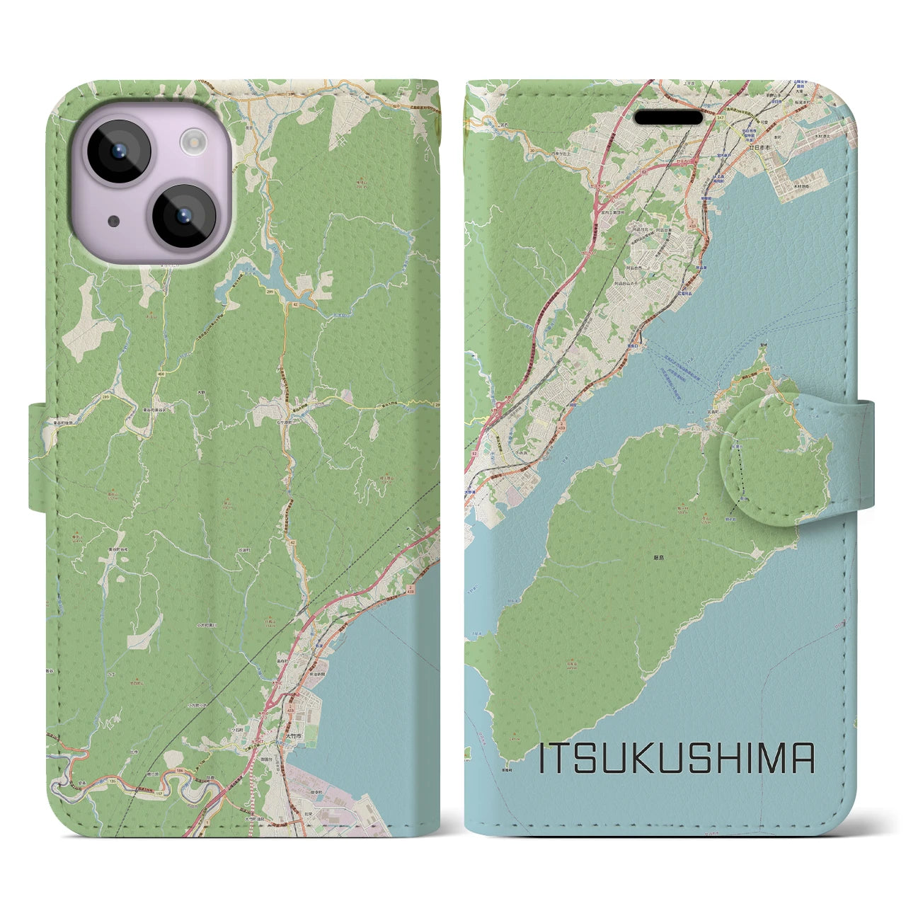 【厳島（広島県）】地図柄iPhoneケース（手帳タイプ）ナチュラル・iPhone 14 用