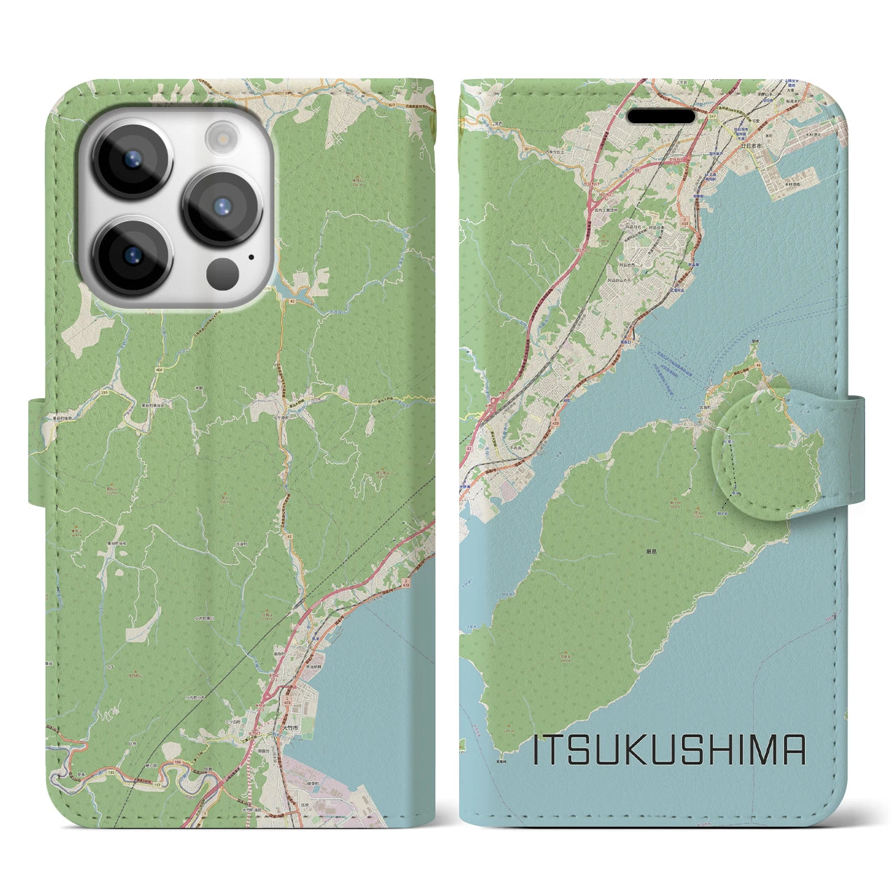 【厳島（広島県）】地図柄iPhoneケース（手帳タイプ）ナチュラル・iPhone 14 Pro 用