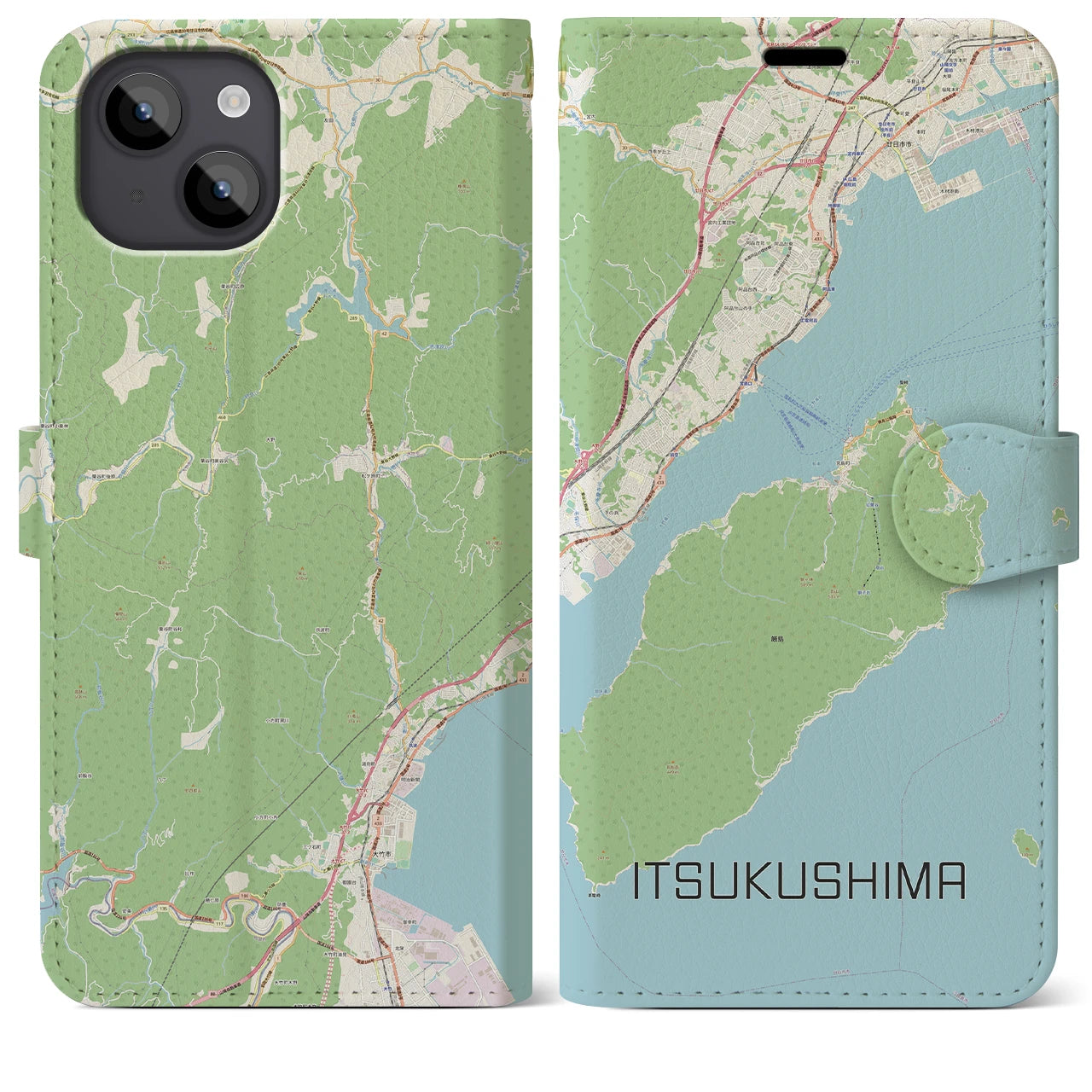 【厳島（広島県）】地図柄iPhoneケース（手帳タイプ）ナチュラル・iPhone 14 Plus 用