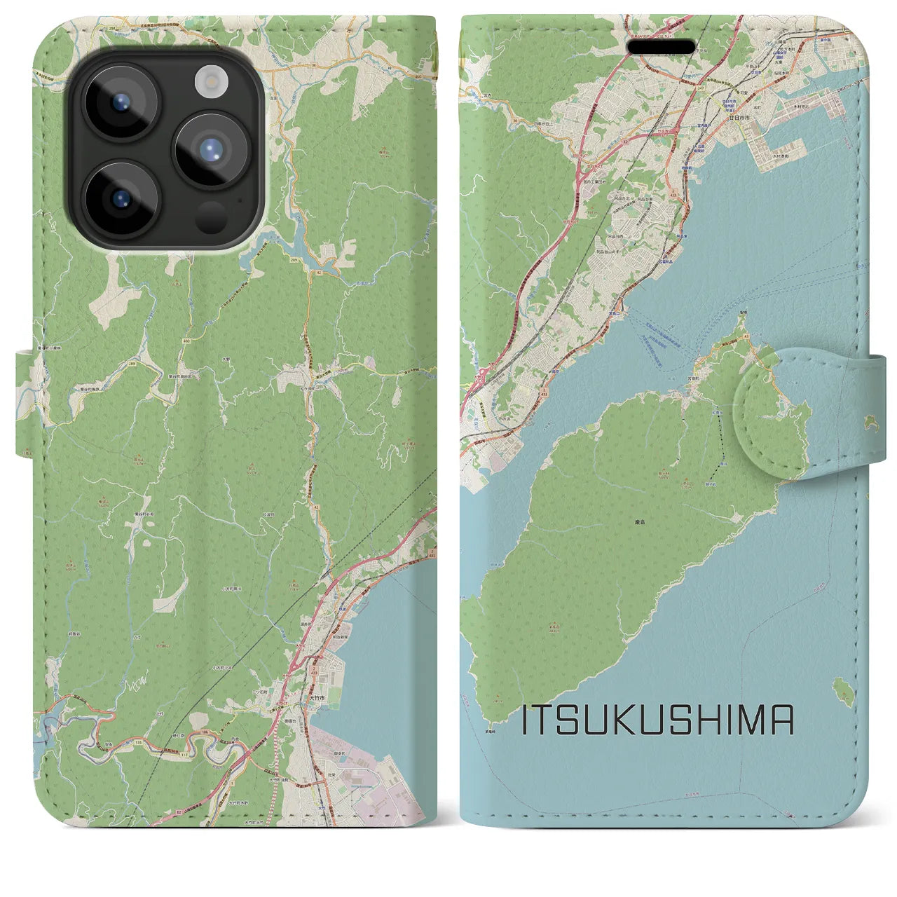 【厳島（広島県）】地図柄iPhoneケース（手帳タイプ）ナチュラル・iPhone 15 Pro Max 用