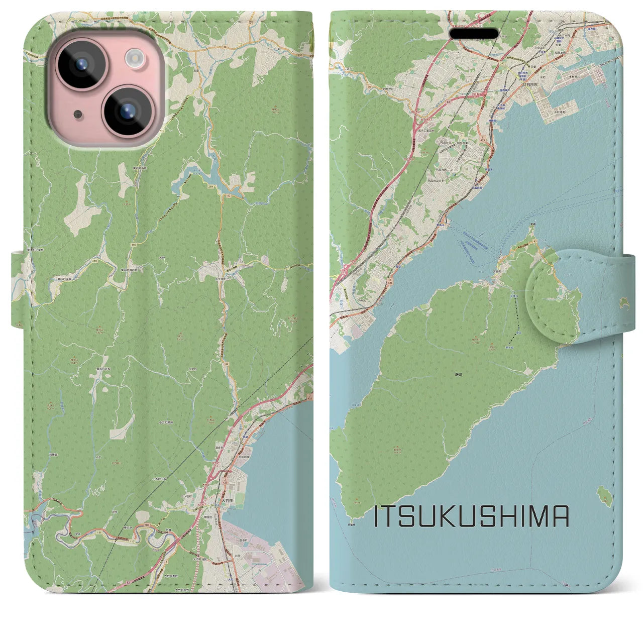 【厳島（広島県）】地図柄iPhoneケース（手帳タイプ）ナチュラル・iPhone 15 Plus 用