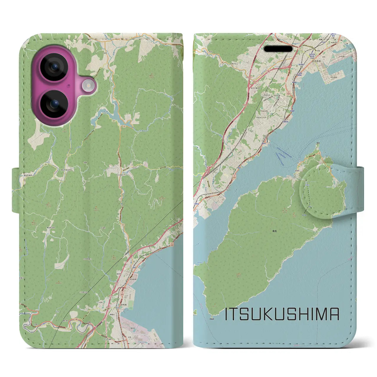 【厳島（広島県）】地図柄iPhoneケース（手帳タイプ）ナチュラル・iPhone 16 Pro 用