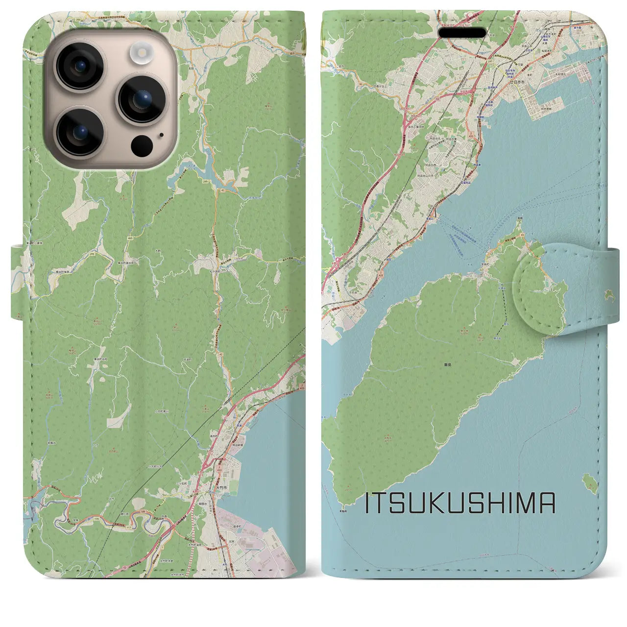 【厳島（広島県）】地図柄iPhoneケース（手帳タイプ）ナチュラル・iPhone 16 Plus 用