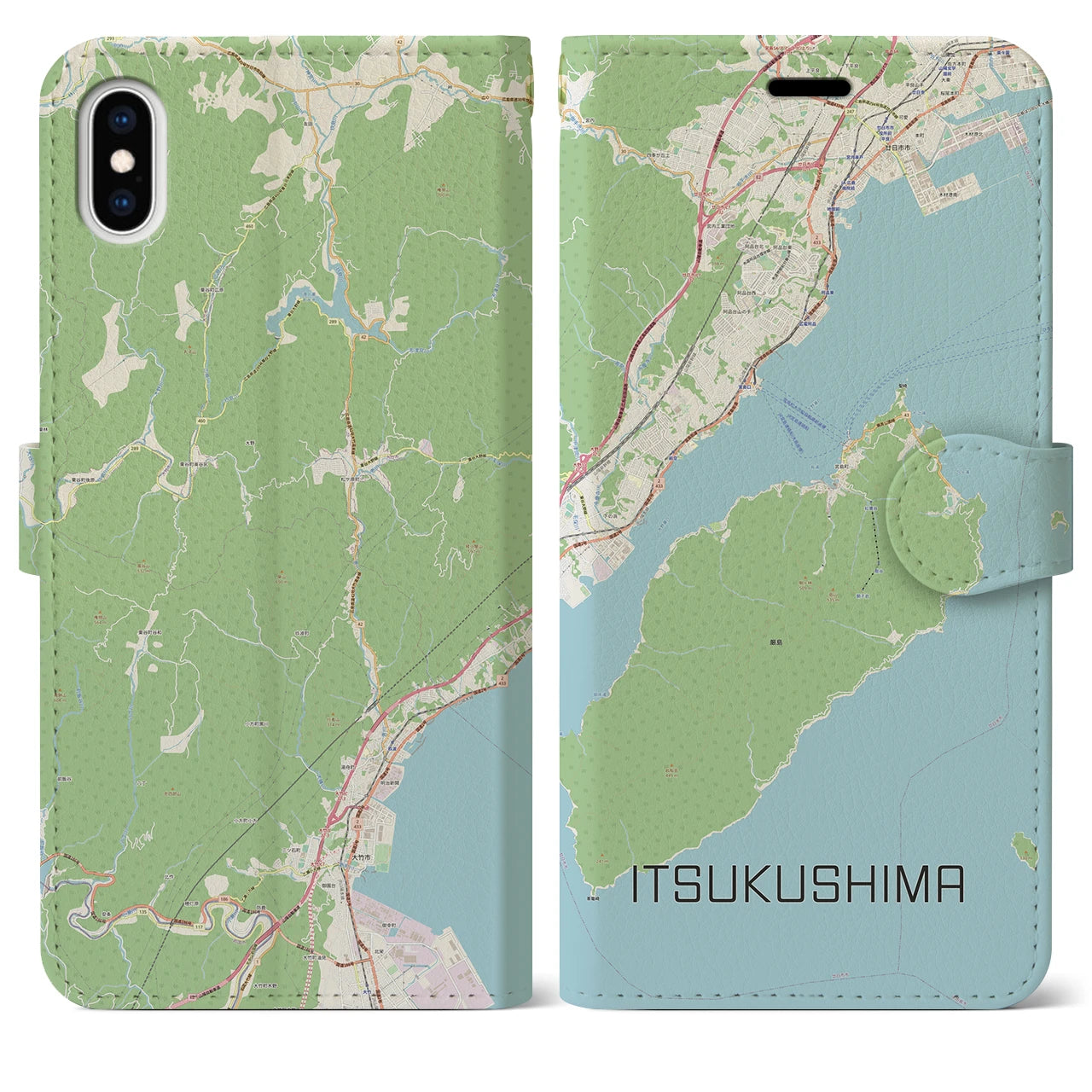 【厳島（広島県）】地図柄iPhoneケース（手帳タイプ）ナチュラル・iPhone XS Max 用