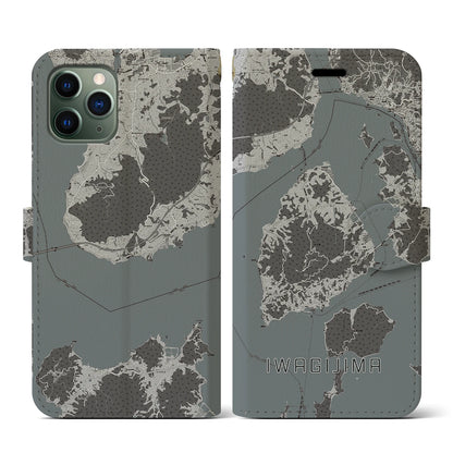 【岩城島（愛媛県）】地図柄iPhoneケース（手帳タイプ）モノトーン・iPhone 11 Pro 用