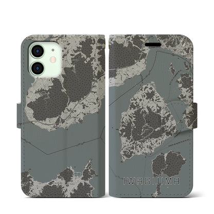 【岩城島（愛媛県）】地図柄iPhoneケース（手帳タイプ）モノトーン・iPhone 12 mini 用