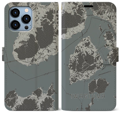 【岩城島（愛媛県）】地図柄iPhoneケース（手帳タイプ）モノトーン・iPhone 13 Pro Max 用