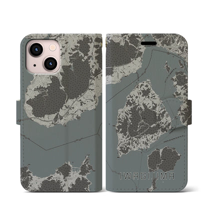 【岩城島（愛媛県）】地図柄iPhoneケース（手帳タイプ）モノトーン・iPhone 13 mini 用