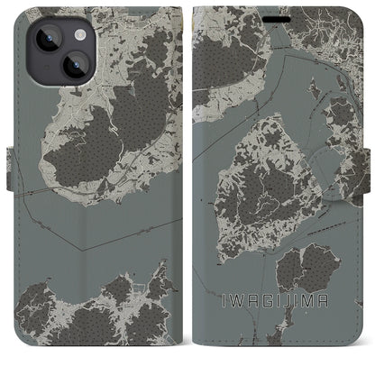 【岩城島（愛媛県）】地図柄iPhoneケース（手帳タイプ）モノトーン・iPhone 14 Plus 用