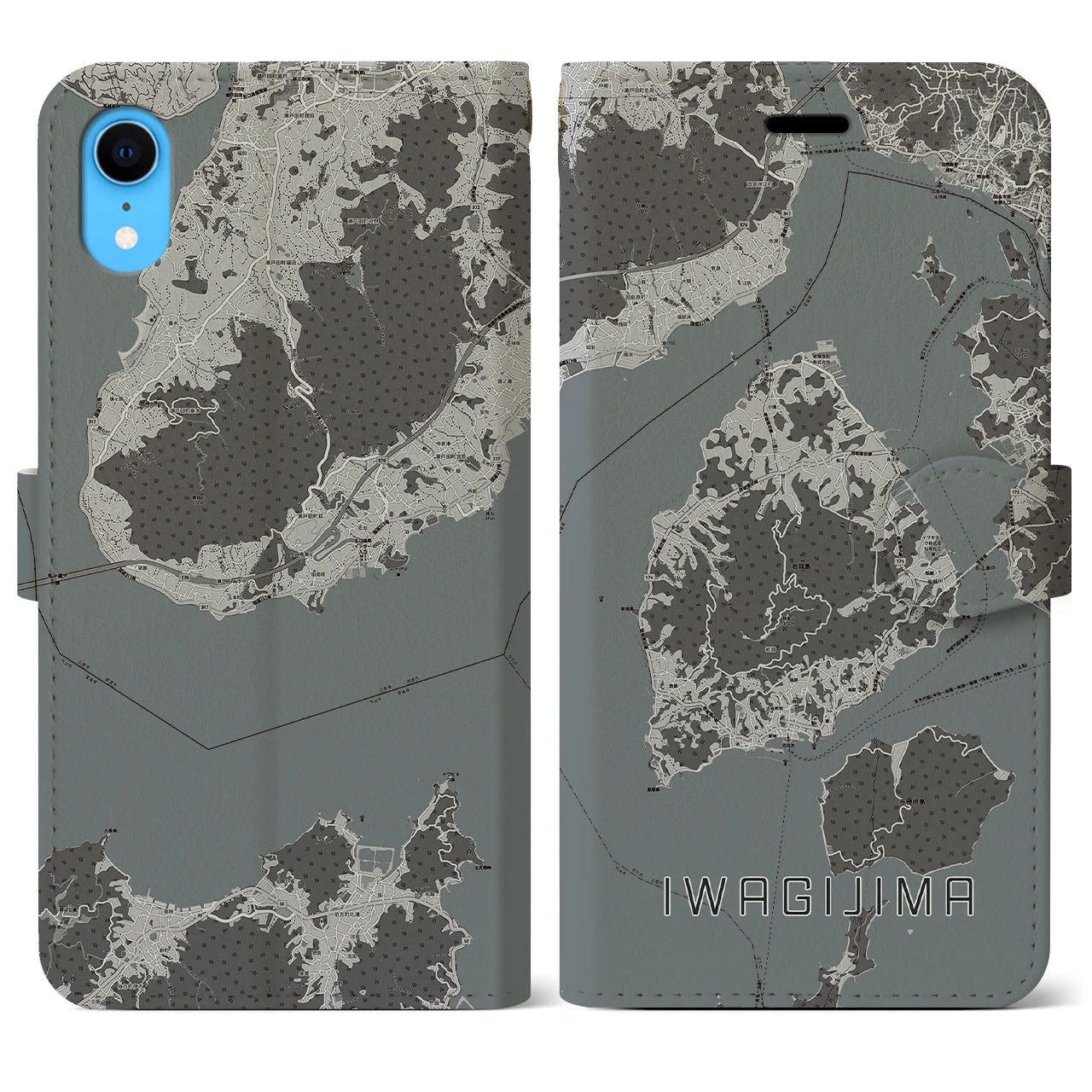 【岩城島】地図柄iPhoneケース（手帳両面タイプ・モノトーン）iPhone XR 用