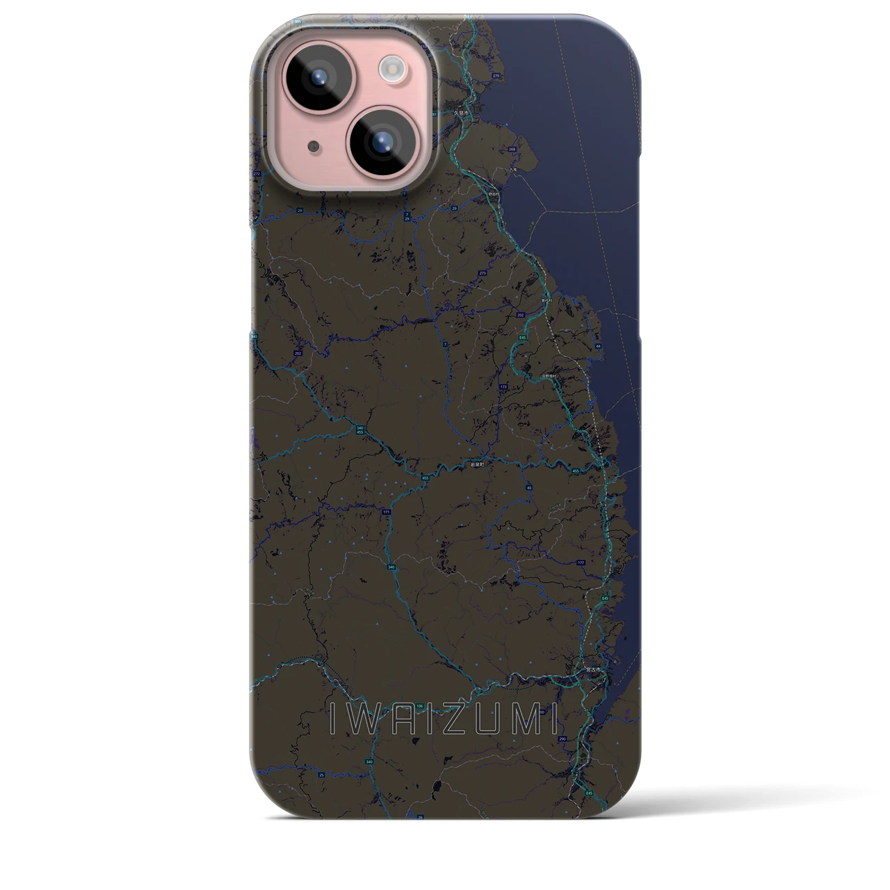 【岩泉（岩手県）】地図柄iPhoneケース（バックカバータイプ）ブラック・iPhone 15 Plus 用