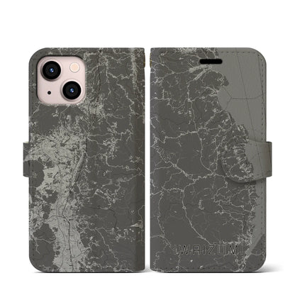 【岩泉（岩手県）】地図柄iPhoneケース（手帳タイプ）モノトーン・iPhone 13 mini 用