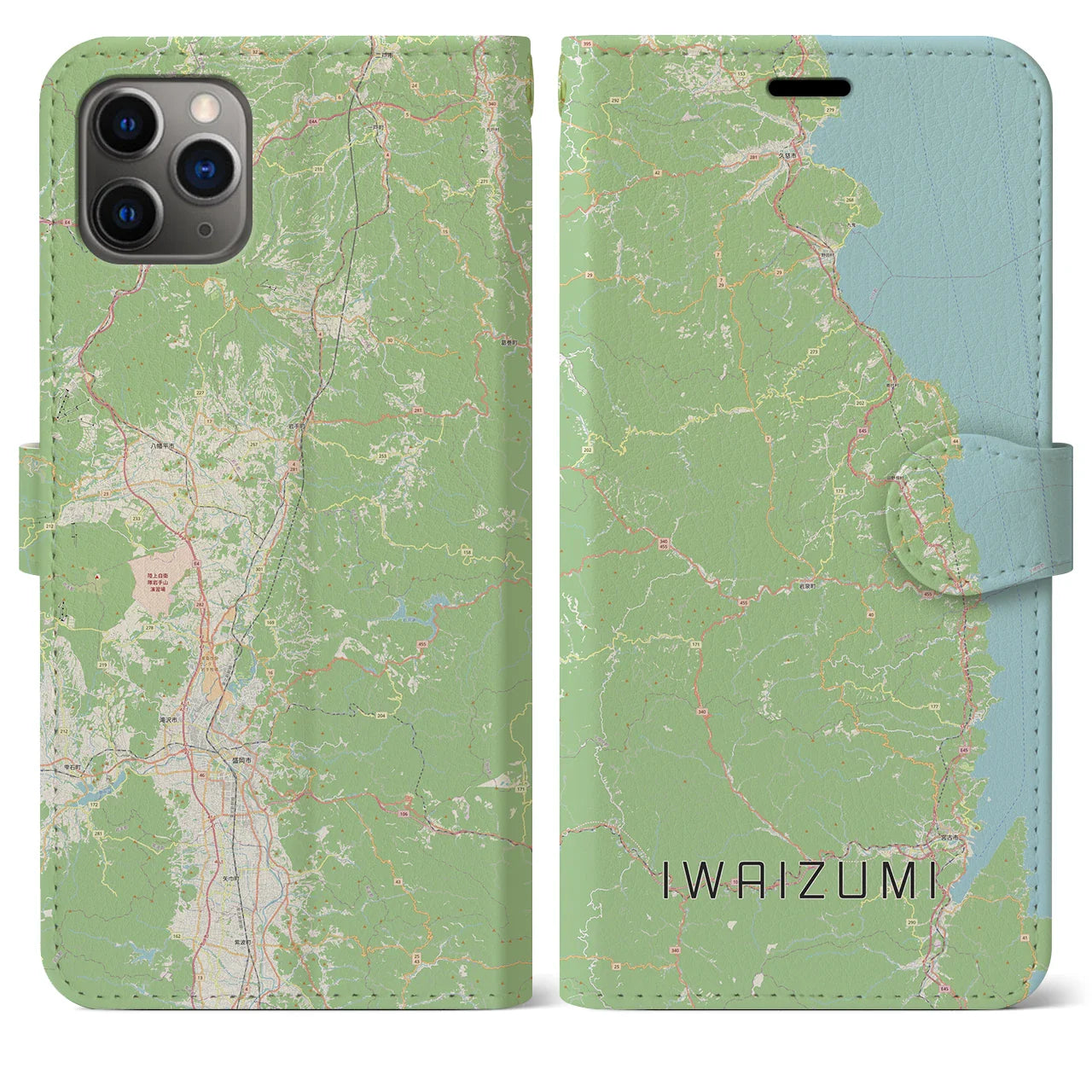 【岩泉（岩手県）】地図柄iPhoneケース（手帳タイプ）ナチュラル・iPhone 11 Pro Max 用