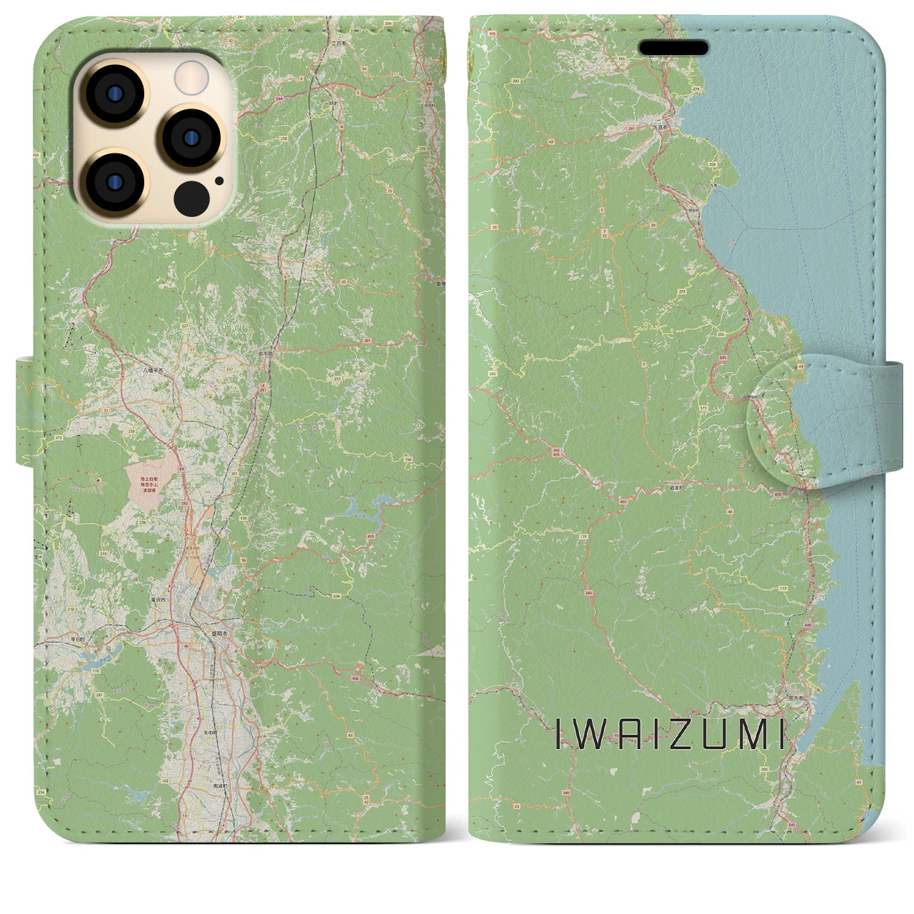 【岩泉（岩手県）】地図柄iPhoneケース（手帳タイプ）ナチュラル・iPhone 12 Pro Max 用