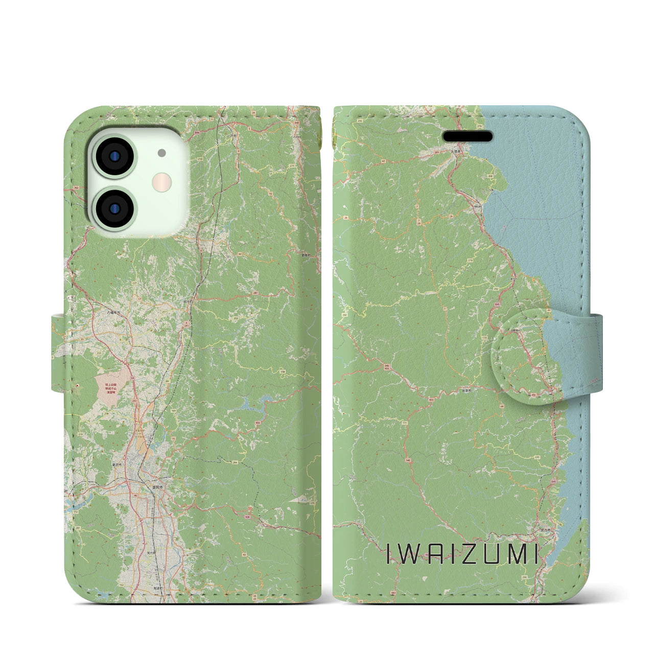 【岩泉（岩手県）】地図柄iPhoneケース（手帳タイプ）ナチュラル・iPhone 12 mini 用