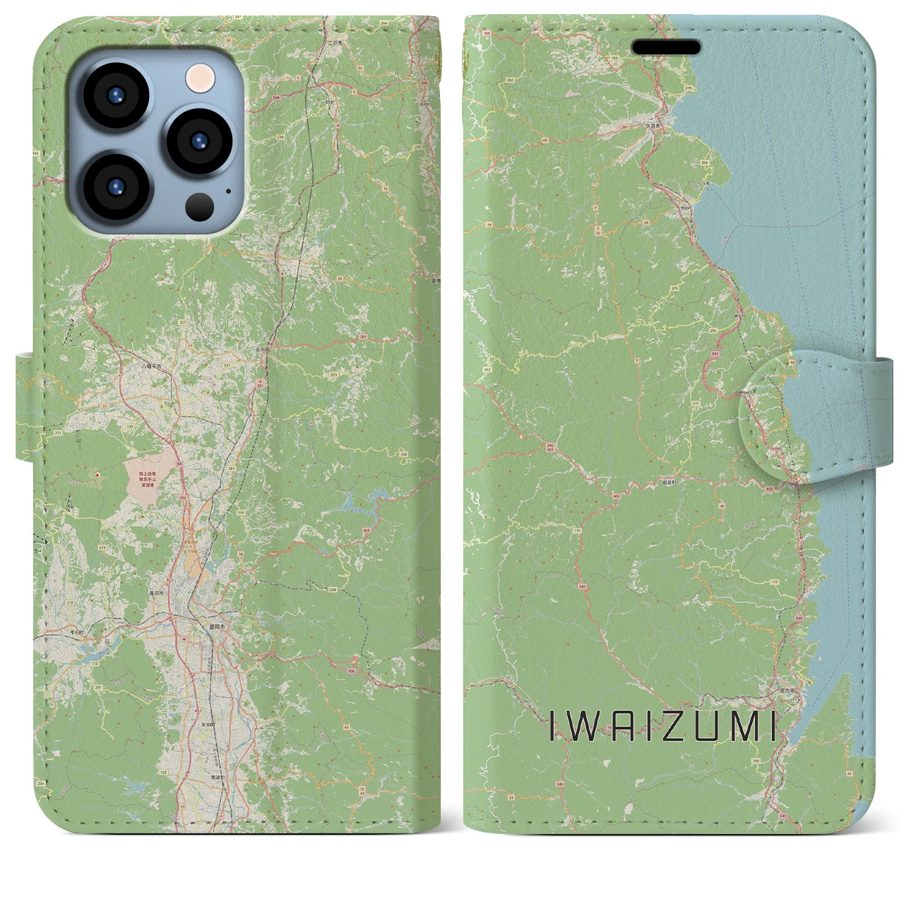 【岩泉（岩手県）】地図柄iPhoneケース（手帳タイプ）ナチュラル・iPhone 13 Pro Max 用