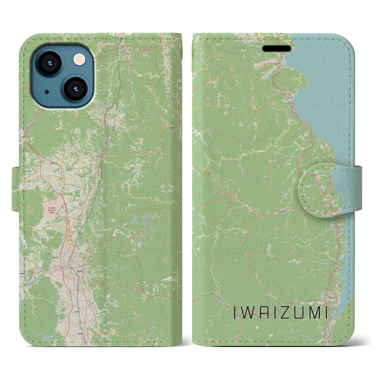 【岩泉（岩手県）】地図柄iPhoneケース（手帳タイプ）ナチュラル・iPhone 13 用