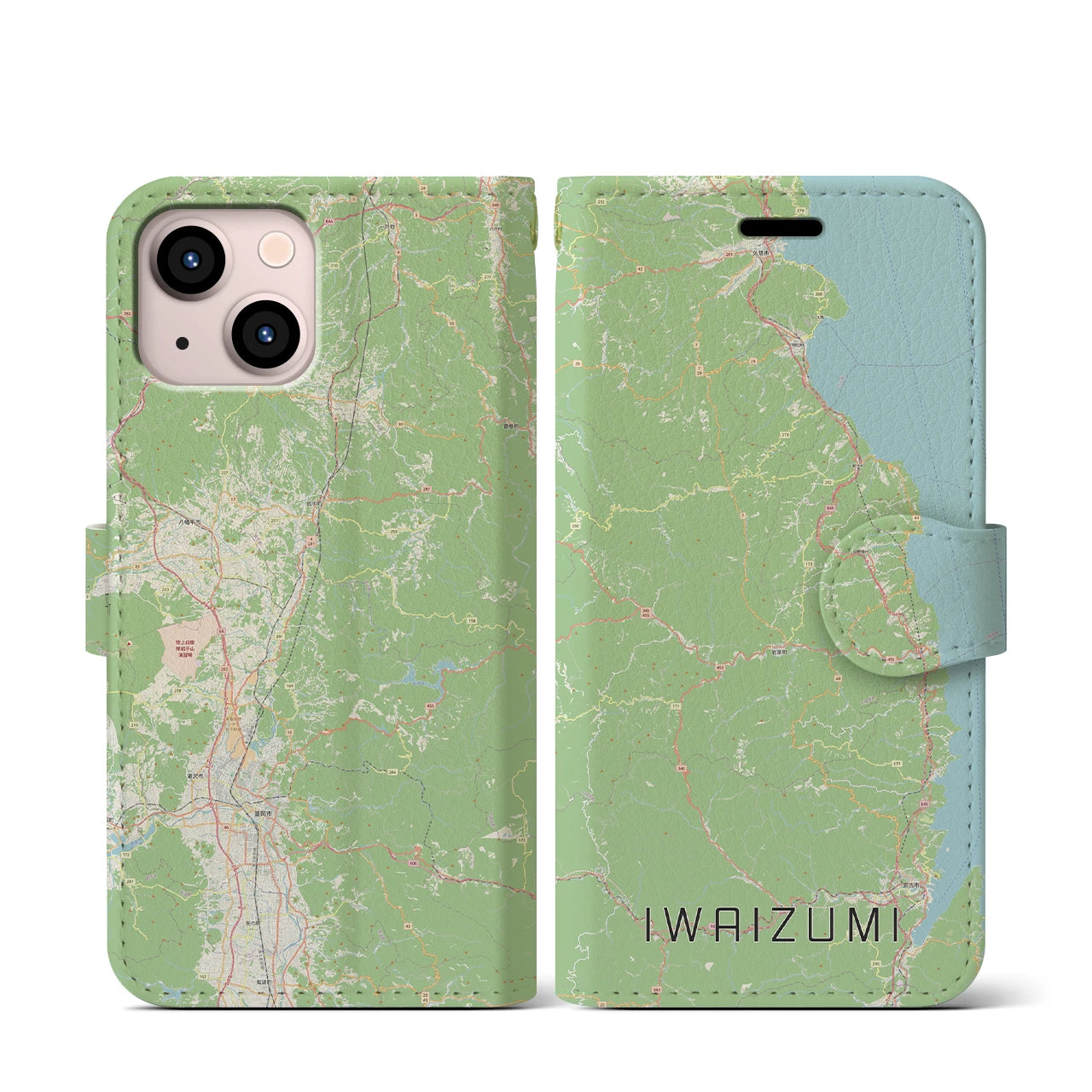 【岩泉（岩手県）】地図柄iPhoneケース（手帳タイプ）ナチュラル・iPhone 13 mini 用