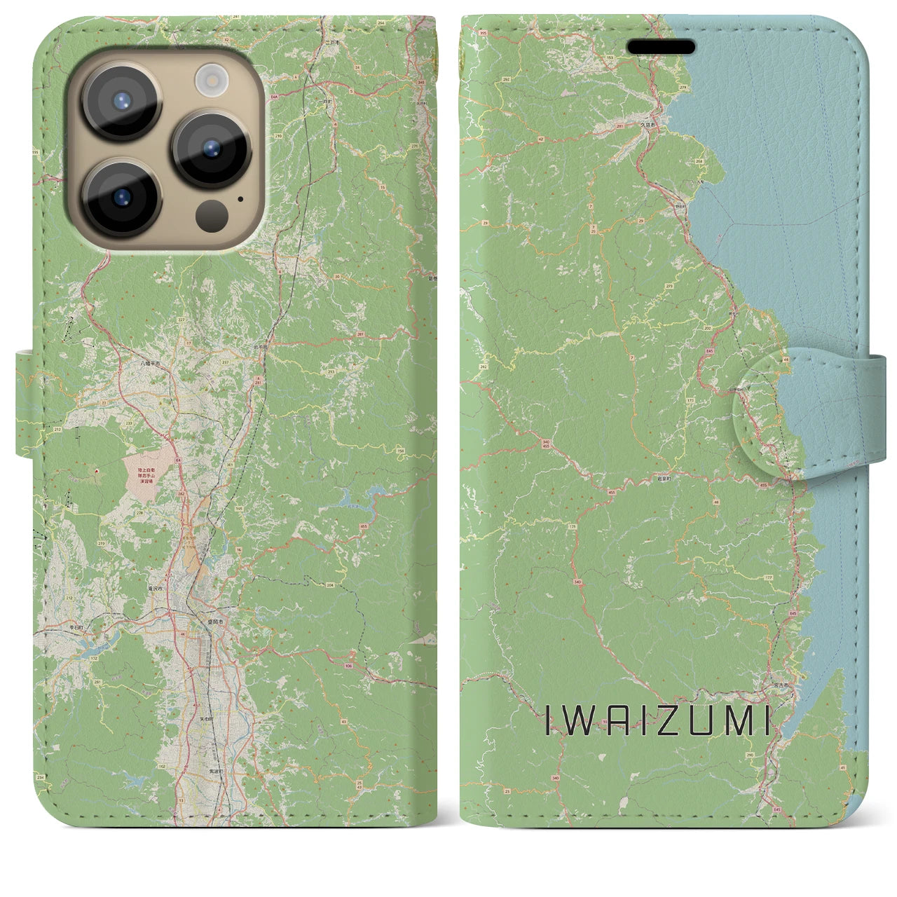 【岩泉（岩手県）】地図柄iPhoneケース（手帳タイプ）ナチュラル・iPhone 14 Pro Max 用