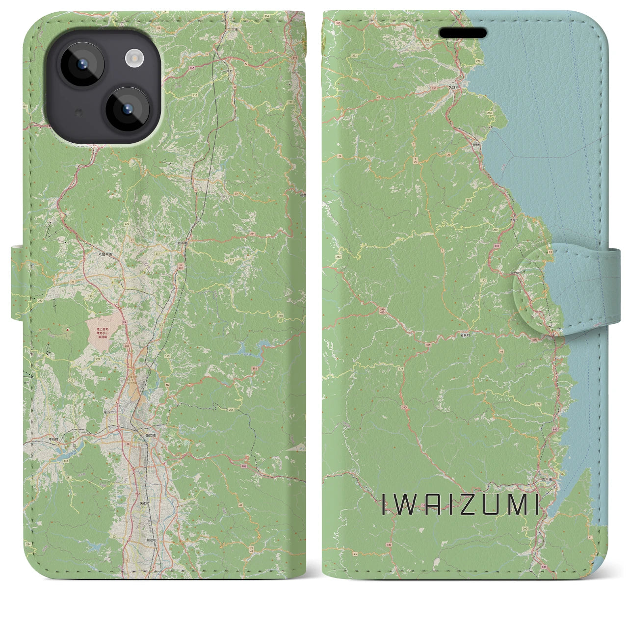 【岩泉（岩手県）】地図柄iPhoneケース（手帳タイプ）ナチュラル・iPhone 14 Plus 用