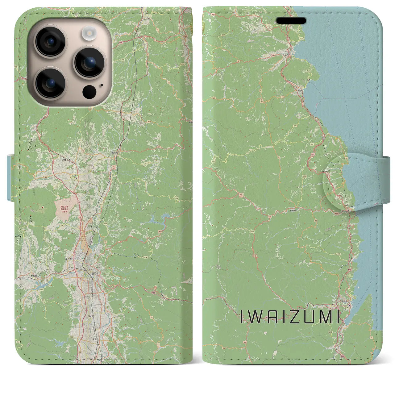 【岩泉（岩手県）】地図柄iPhoneケース（手帳タイプ）ナチュラル・iPhone 16 Plus 用