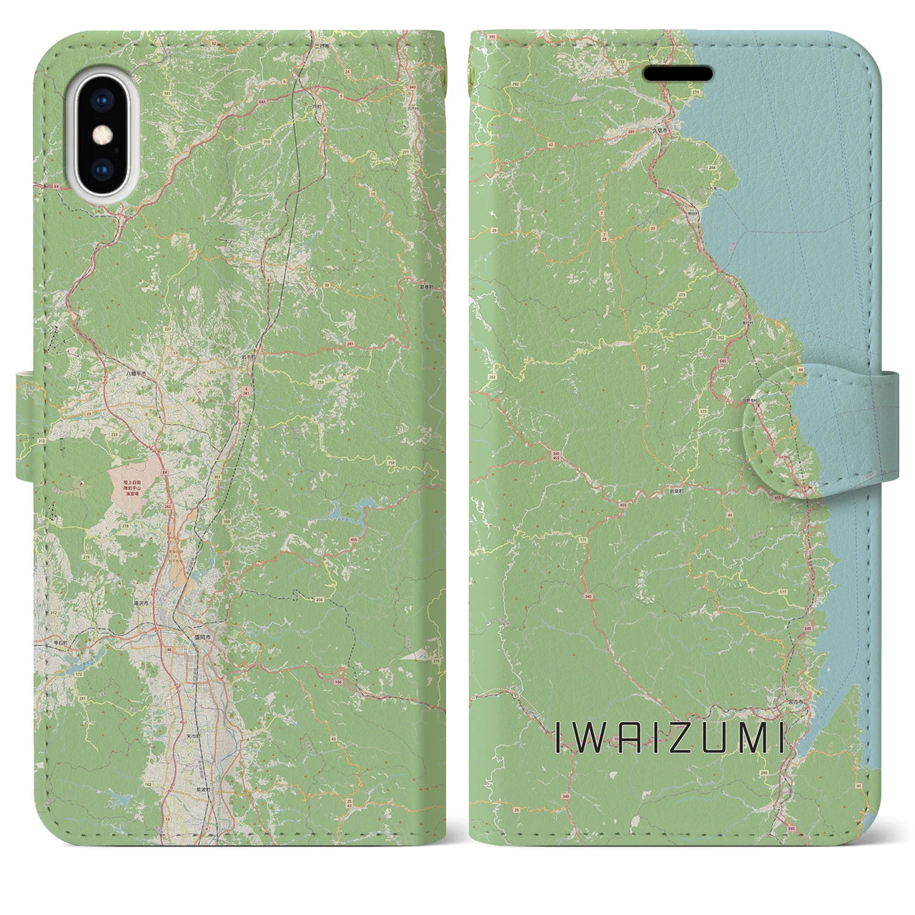 【岩泉（岩手県）】地図柄iPhoneケース（手帳タイプ）ナチュラル・iPhone XS Max 用