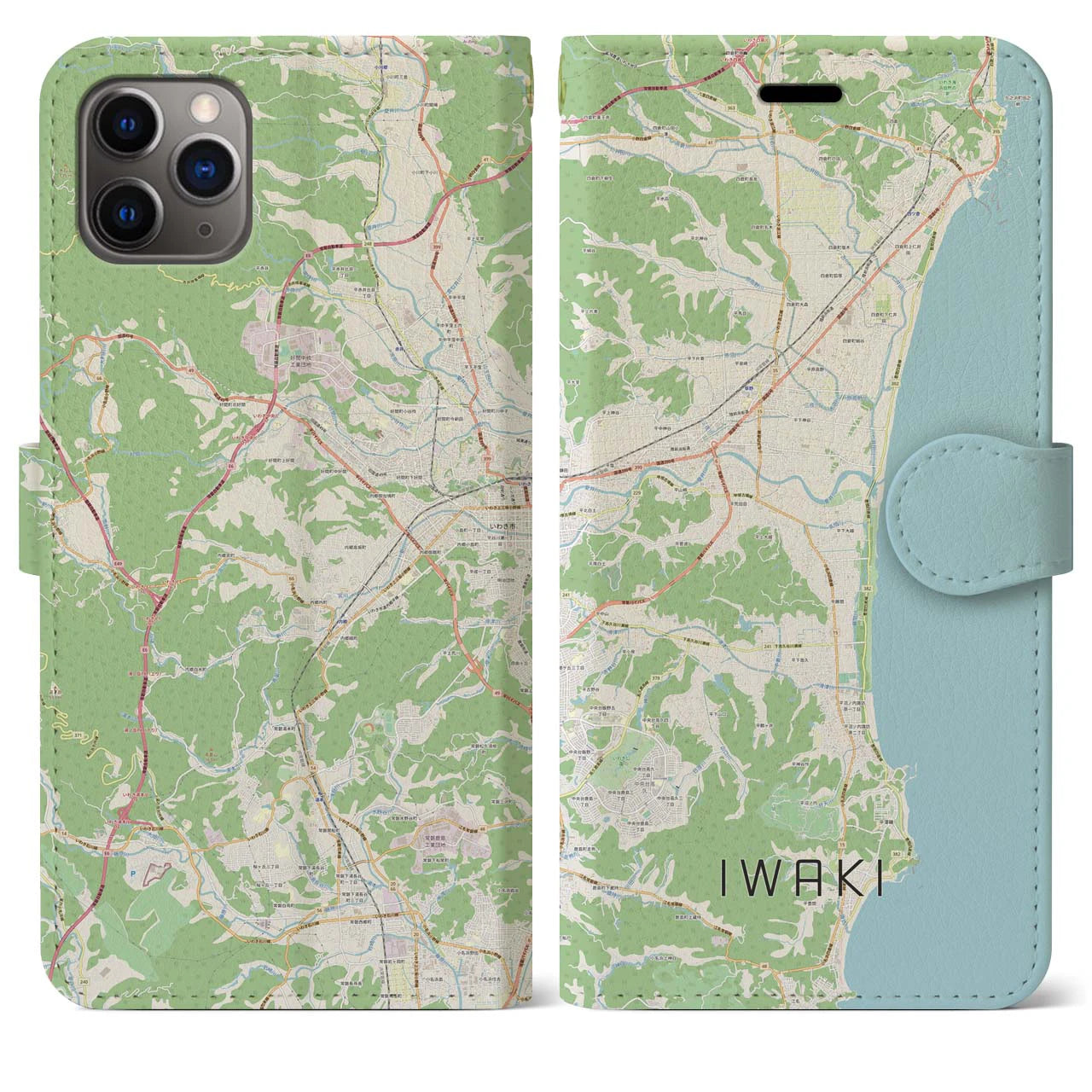 【いわき（福島県）】地図柄iPhoneケース（手帳タイプ）ナチュラル・iPhone 11 Pro Max 用