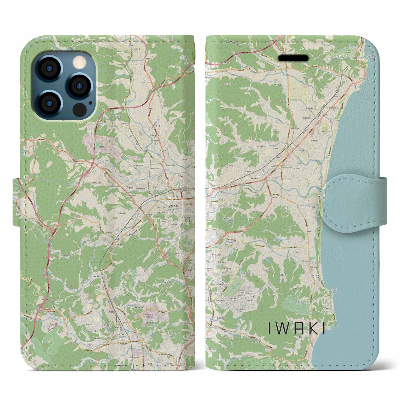 【いわき（福島県）】地図柄iPhoneケース（手帳タイプ）ナチュラル・iPhone 12 / 12 Pro 用